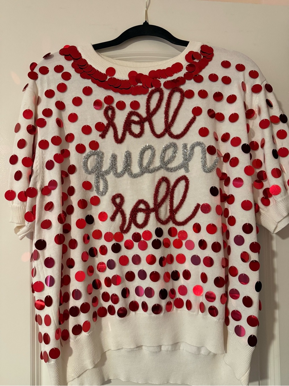 QUEEN OF SPARKLES White Knit Top with Red Sequin Dots and Silver Script